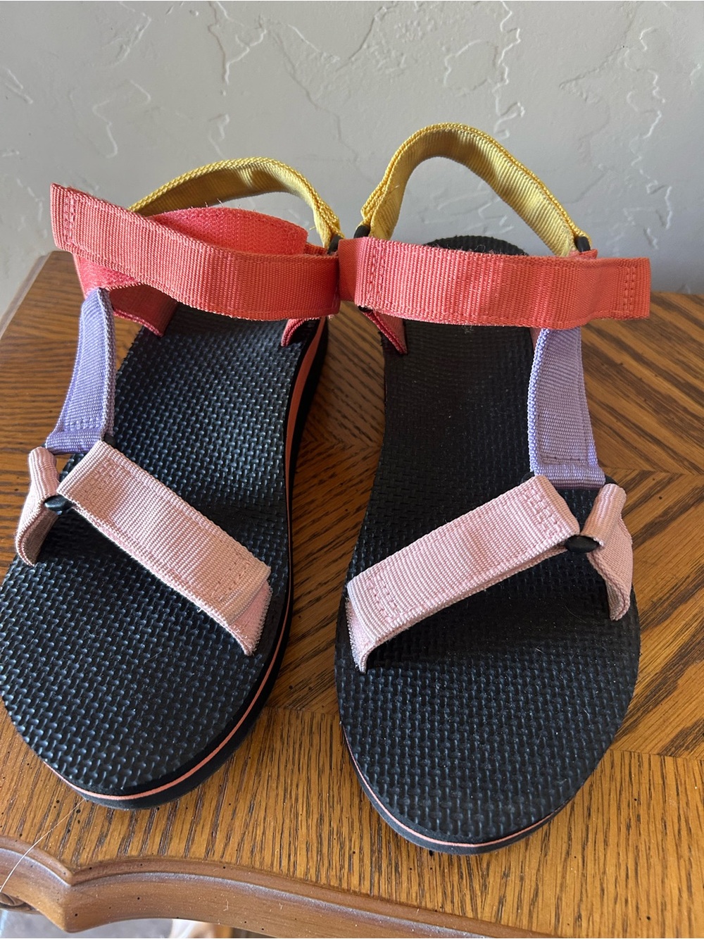 Time and Tru Multicolor Strap Sandals in Pink, Coral & Yellow